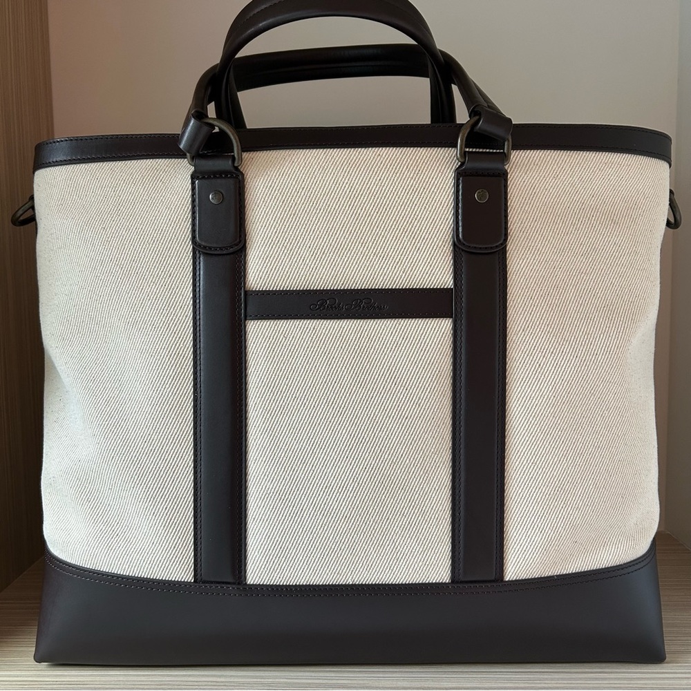 Brooks Brothers Cream Twill and Brown Leather Tote Bag